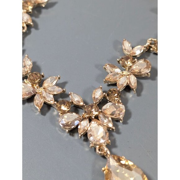 Golden Beige Rhinestone Teardrop Tennis Statement Necklace Elegant Evening Spark - Picture 4 of 11